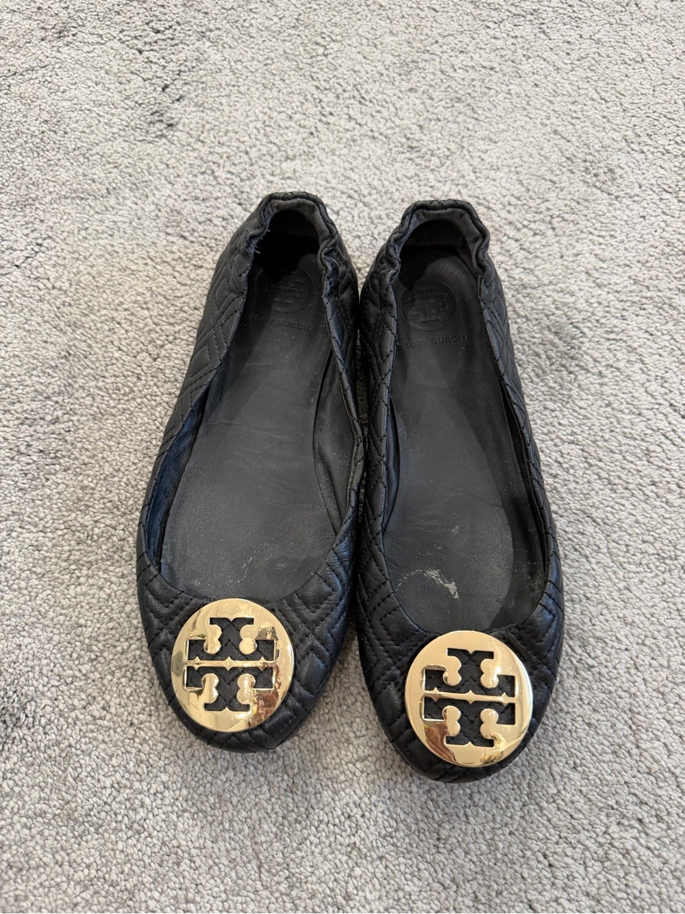 Tory Burch Black Quilted Leather Ballet Flats with Gold Logo Emblem